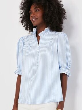 Pomander Place Blue and White Stripe Selena Ruffle-Neck Blouse